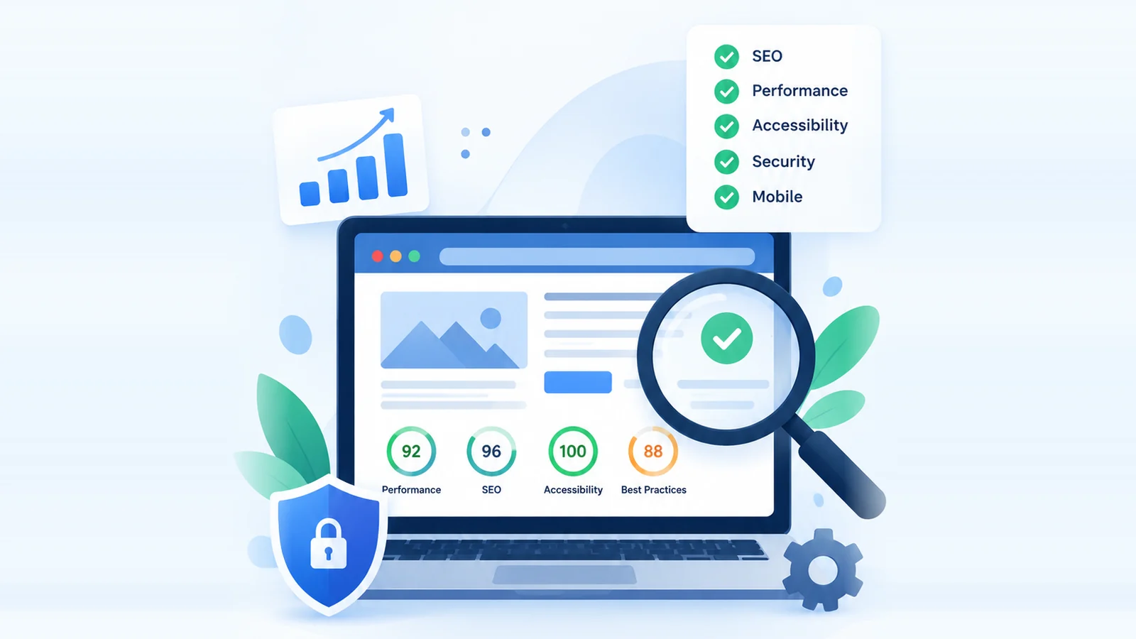 Illustration of a website audit: a laptop showing Performance, SEO, Accessibility and Best Practices scores, a magnifying glass, a security shield and a checklist covering SEO, performance, accessibility, security and mobile.